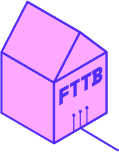 Isometrische Darstellung eines Gebäudes mit der Aufschrift „FTTB“ (Fiber to the Building) und Glasfaserkabeln, die den Internetanschluss zum Gebäude symbolisieren.