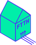 Isometrische Darstellung eines Hauses mit der Aufschrift „FTTH“ (Fiber to the Home) und Glasfaserkabeln, die den Internetanschluss symbolisieren.