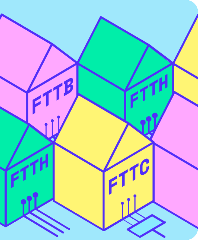 Isometrische Darstellung mehrerer Häuser mit den Aufschriften FTTB, FTTH und FTTC, die verschiedene Glasfasertechnologien für Gebäudeanschlüsse symbolisieren.