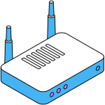 Isometrische Darstellung eines WLAN-Routers, der für einen Glasfaseranschluss verwendet wird, um schnelles Internet bereitzustellen.