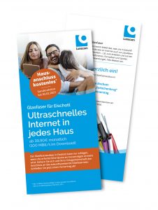 Bunter Glasfaser für Eischott Flyer von Lünecom als Sonderaktion für ultraschnelles Internet mit kostenlosen Hausanschluss.