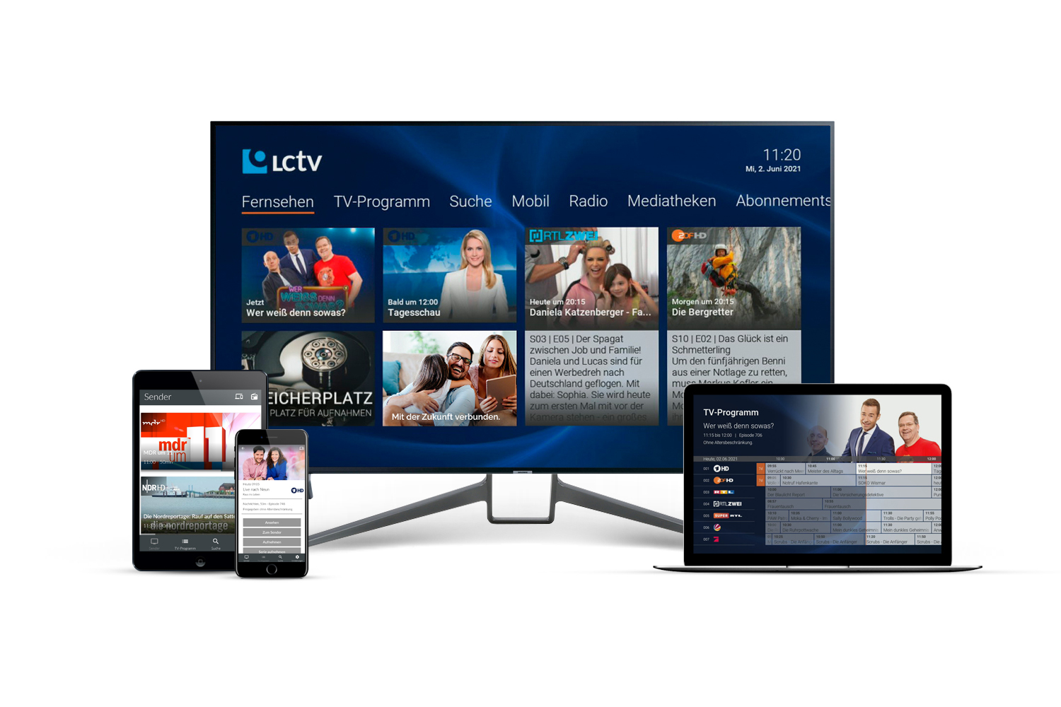 Collage von Device Optionen wie Fernseher, Laptop, Handy oder Tablett um LCTV online zu schauen.